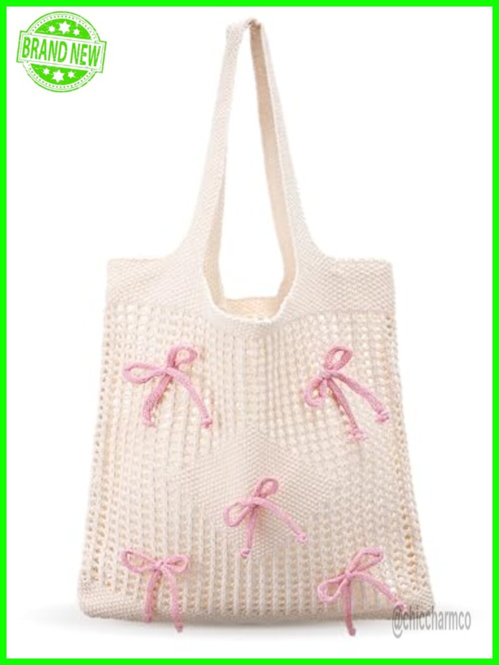 Crochet Mesh Tote Bag with Bow Polyester Beach Carryall